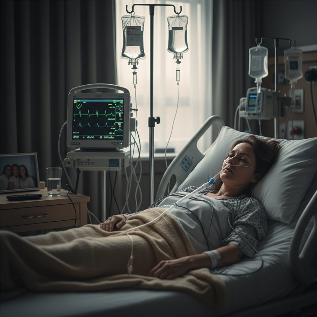Zmęczona kobieta leżąca na szpitalnym łóżku, na tle aparatury medycznej
