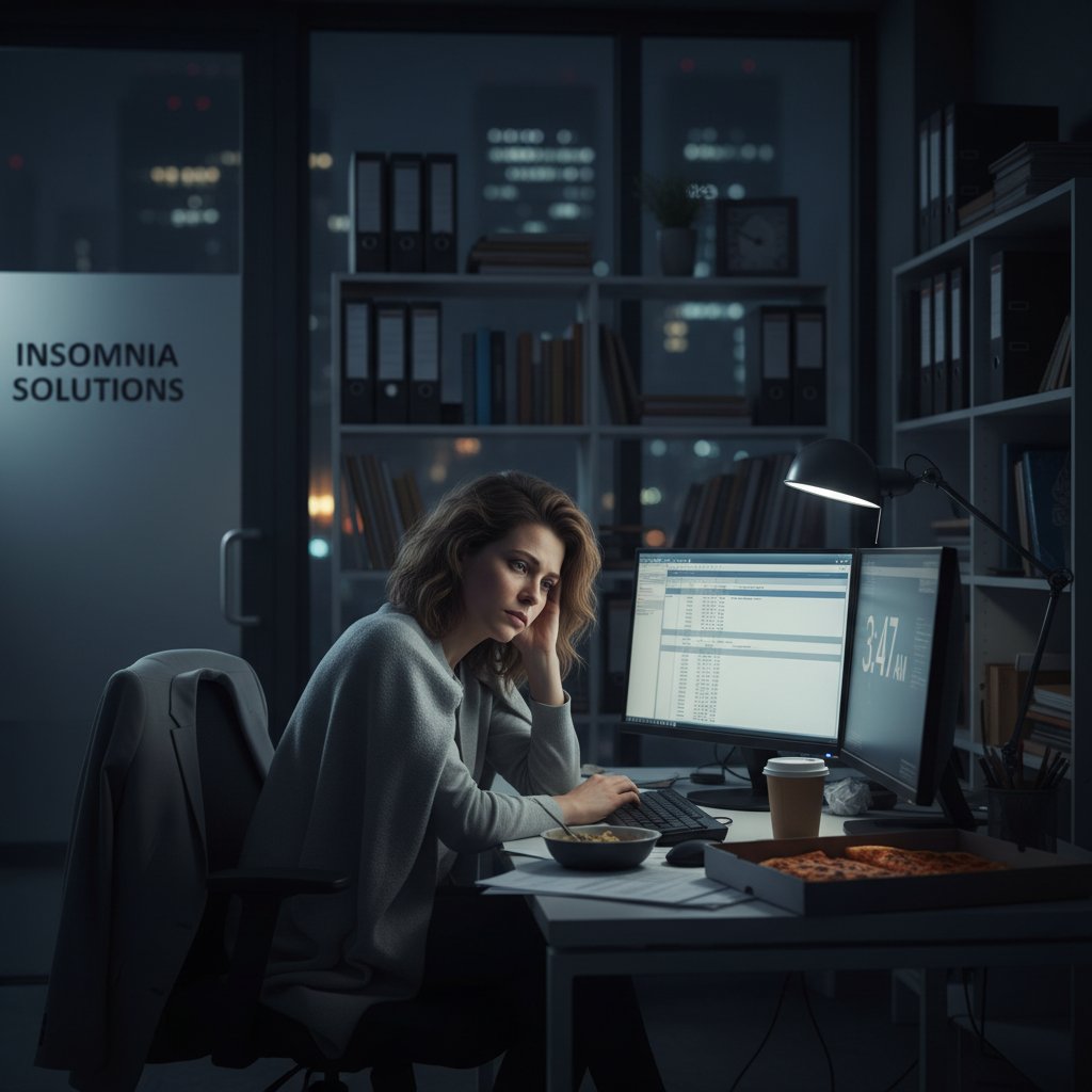 Młoda kobieta patrząca w sufit nocą, wyraźnie zmęczona i zmartwiona