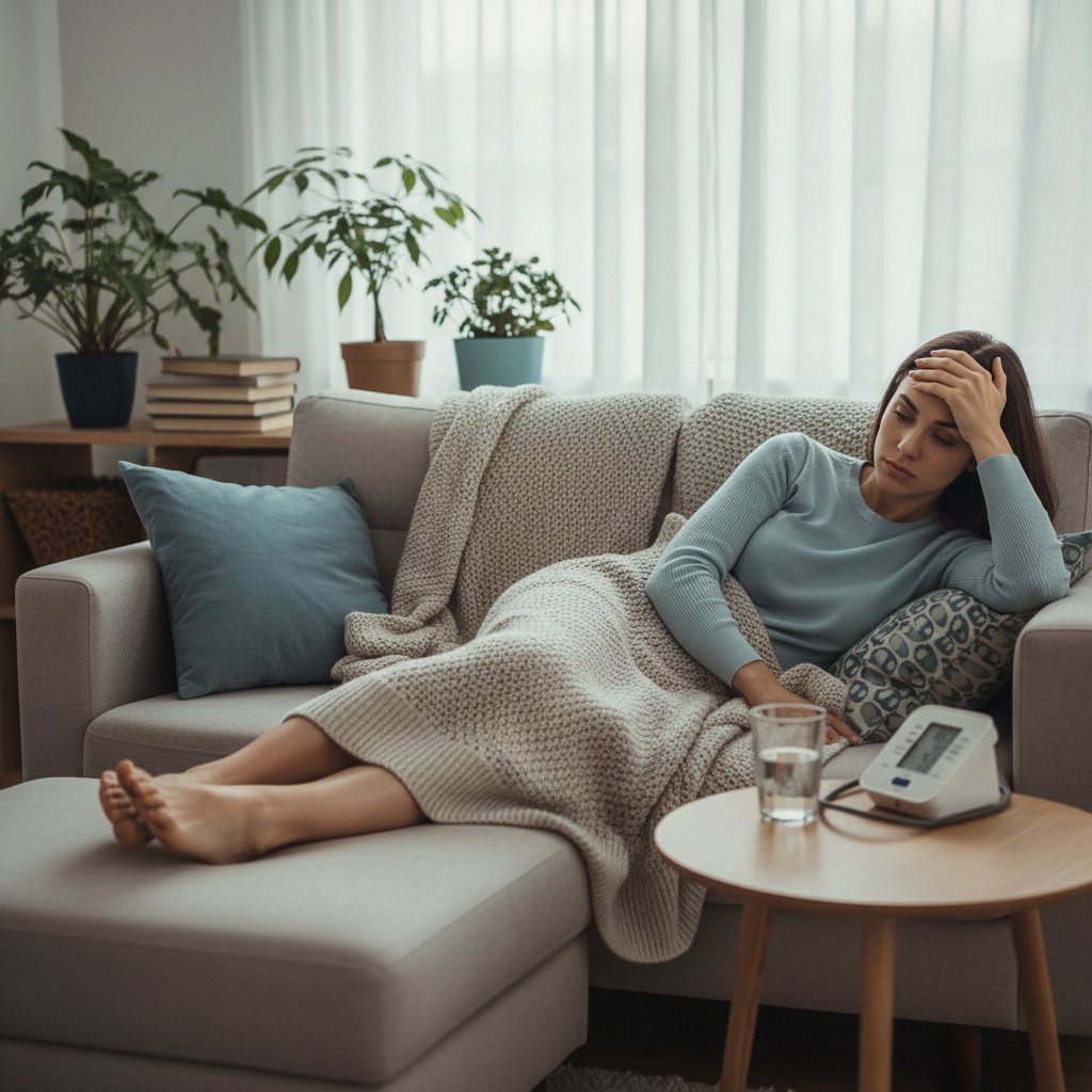 Kobieta z zamkniętymi oczami i dłońmi na czole, wyraźnie zmęczona, w mieszkaniu