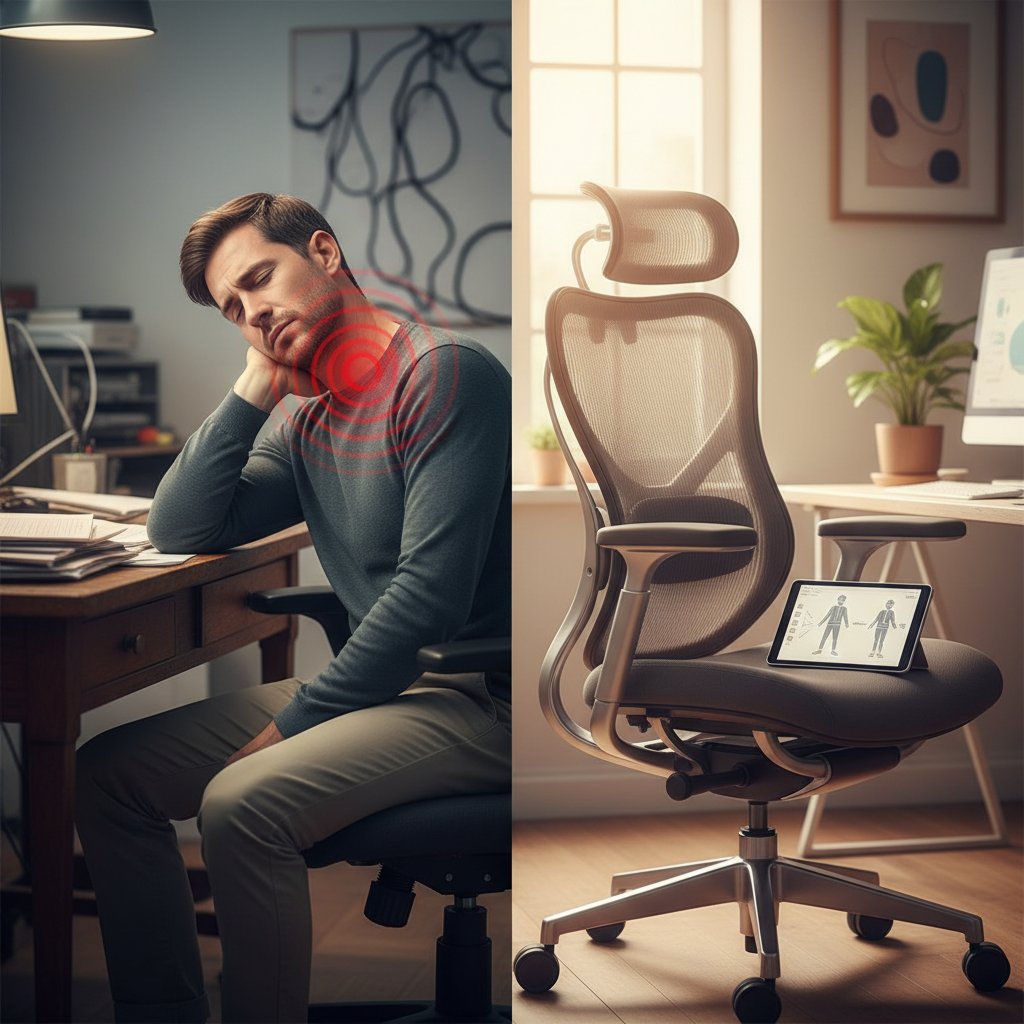 Zmęczony pracownik masujący kark, obok puste biurko z ergonomicznym fotelem – kontrast między bólem a komfortem pracy