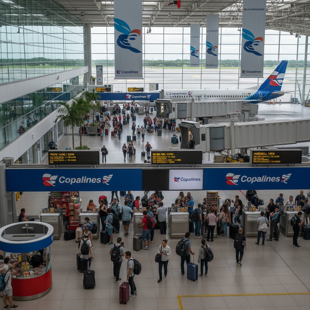 Travelers at Tocumen International Airport hurrying between gates with Copa Airlines branding visible