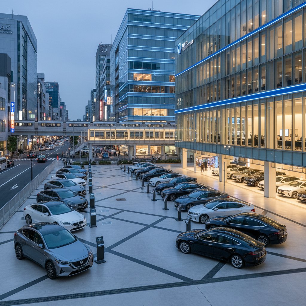Tokyo urban car lot without sale banners, understated modern scene, clean lines, subdued atmosphere
