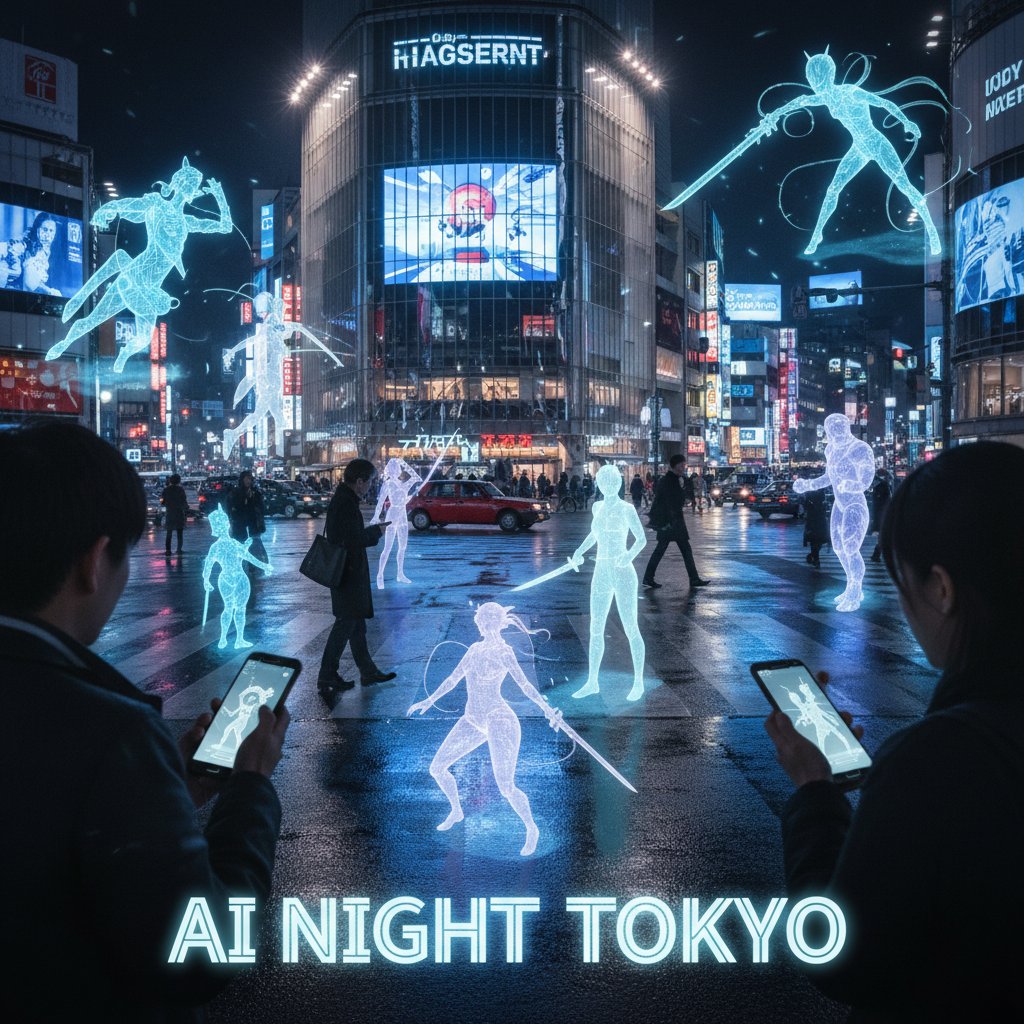 Tokio bei Nacht, Menschen mit Smartphones, auf einem Display ein KI-Avatar – Symbol für digitale Liebe.