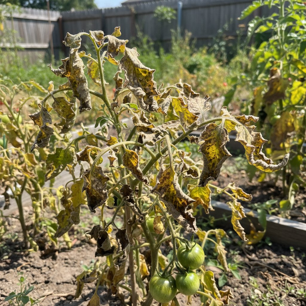 Pomidory z wyraźnymi objawami zarazy i niedoboru składników odżywczych w polskim ogrodzie