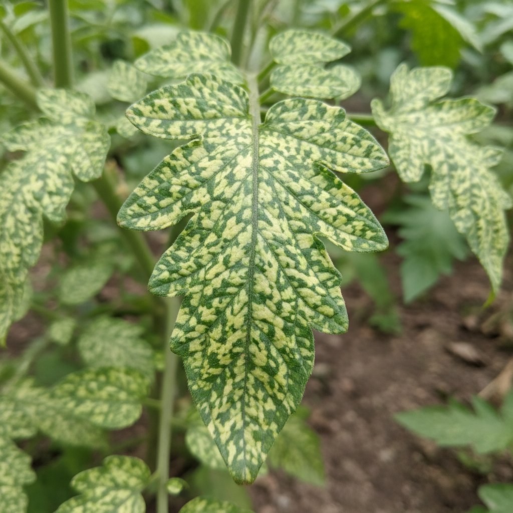 Liście pomidora z mozaikowatym żółto-zielonym przebarwieniem