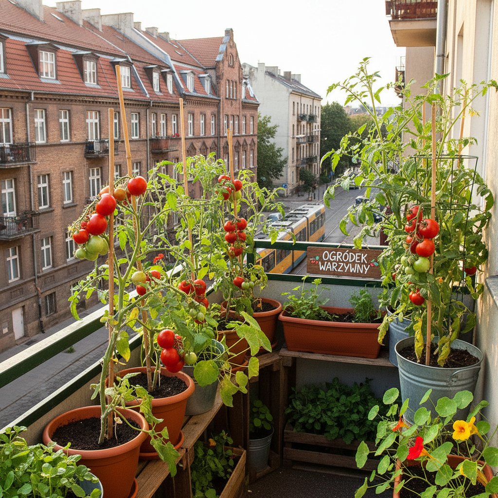 Balkon w polskim bloku z doniczkami pomidorów, widok na miasto, zdrowe rośliny w nietypowych warunkach