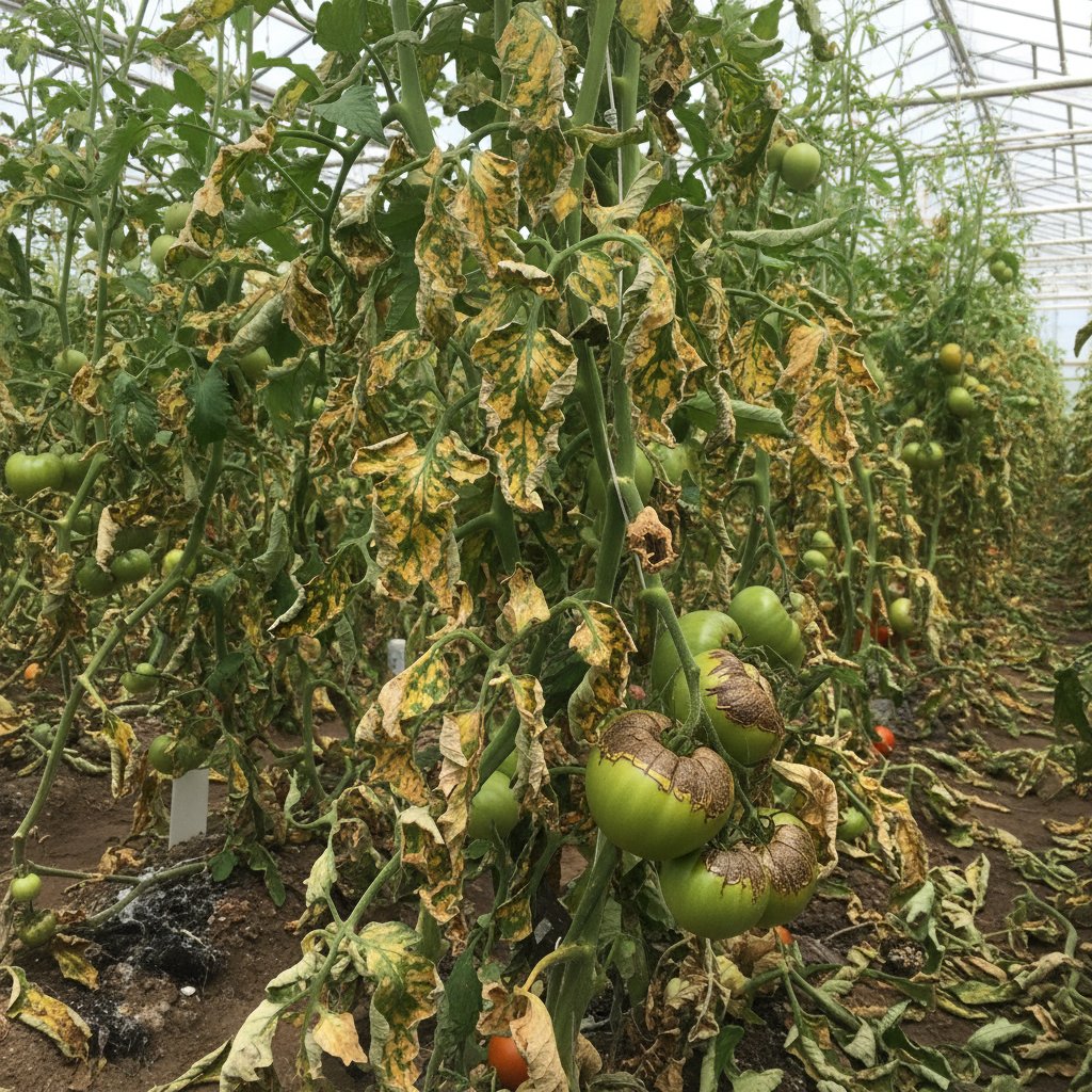Pomidory w polskiej szklarni z objawami mozaiki i zarazy ziemniaczanej – dramatyczne zbliżenie