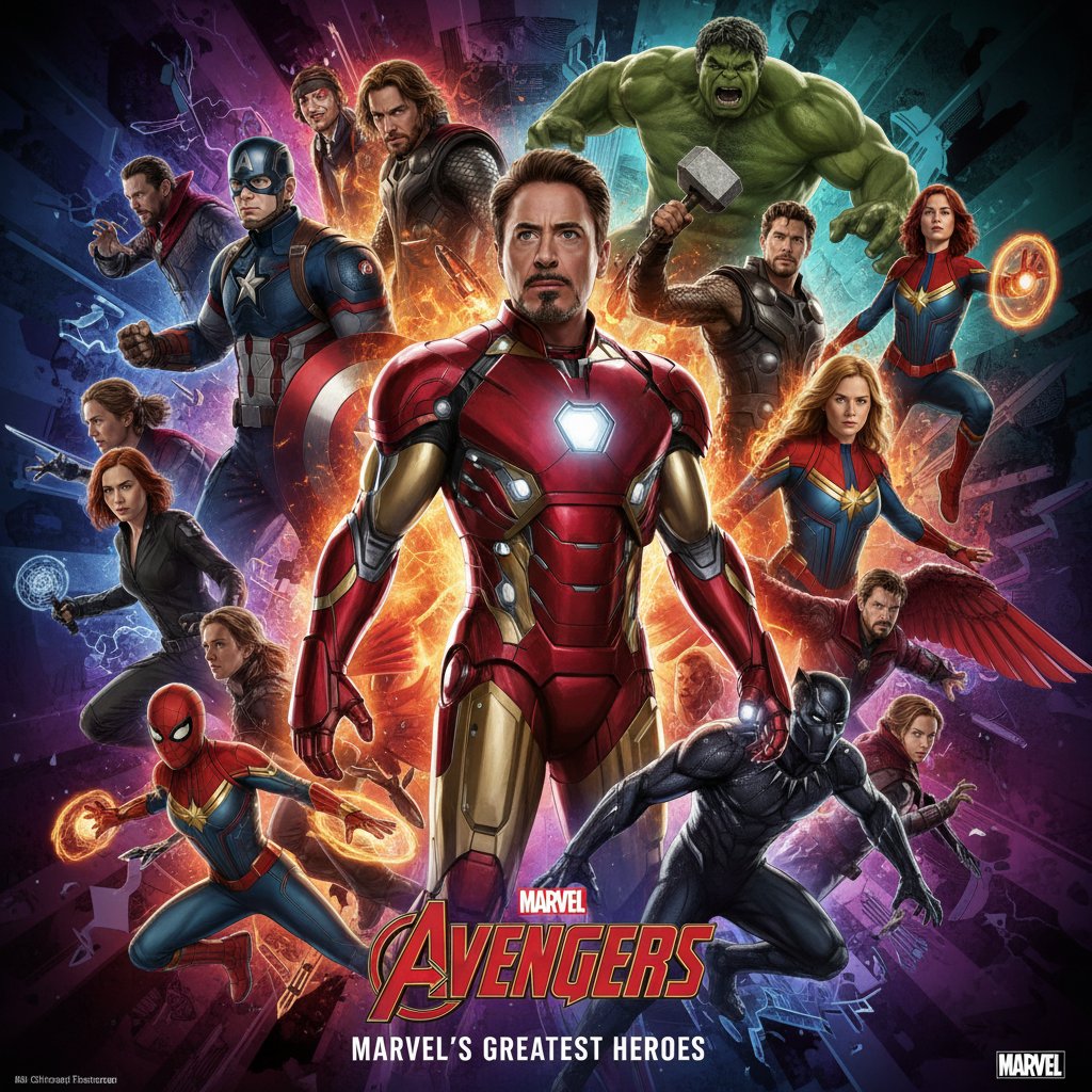Collage of Tony Stark cameos with MCU heroes in vibrant style, energetic group shot