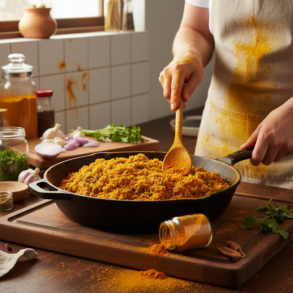 Zbyt duża ilość proszku kurkumy w potrawie – obrazek kuchenny