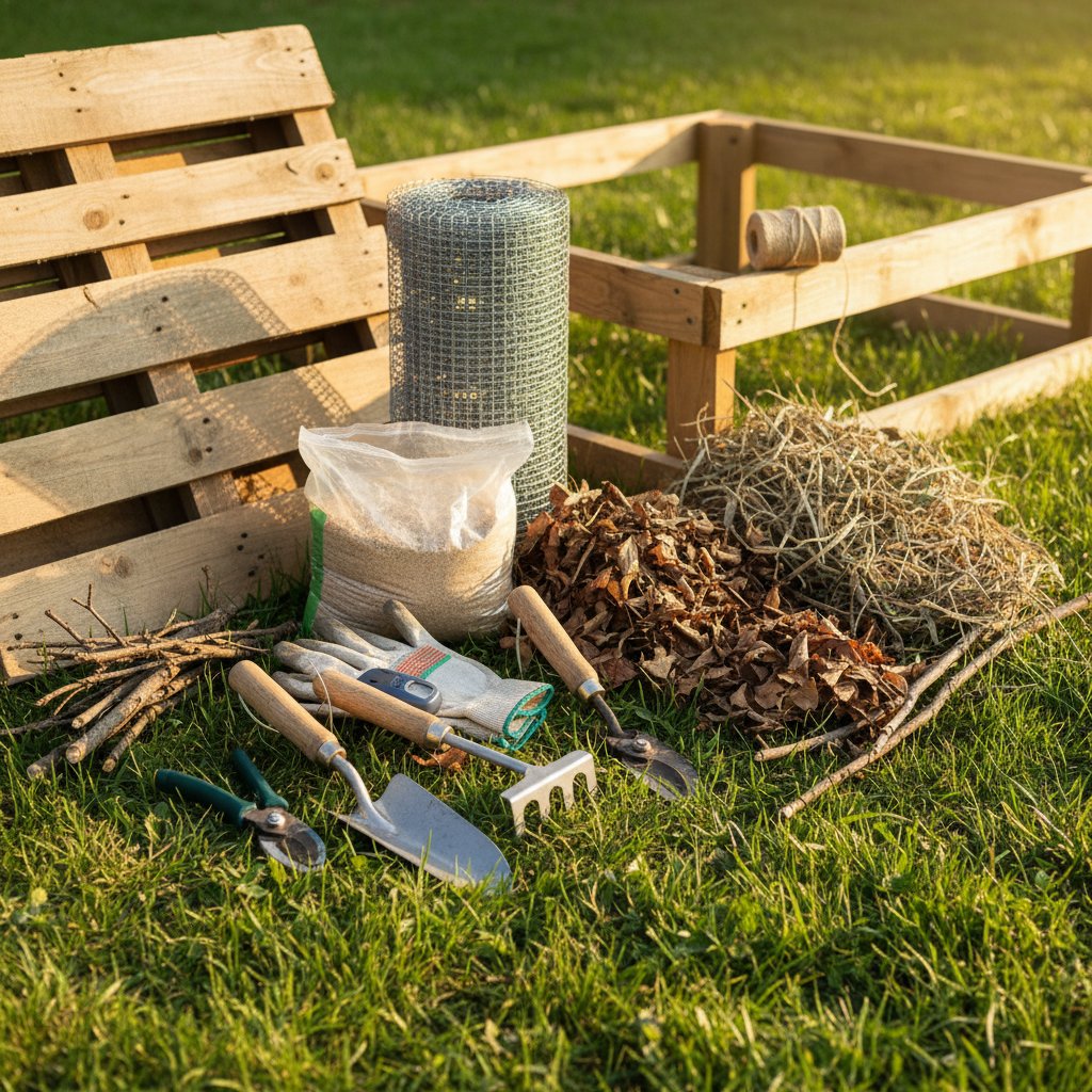 Narzędzia i materiały niezbędne do budowy kompostownika, rozłożone na trawie