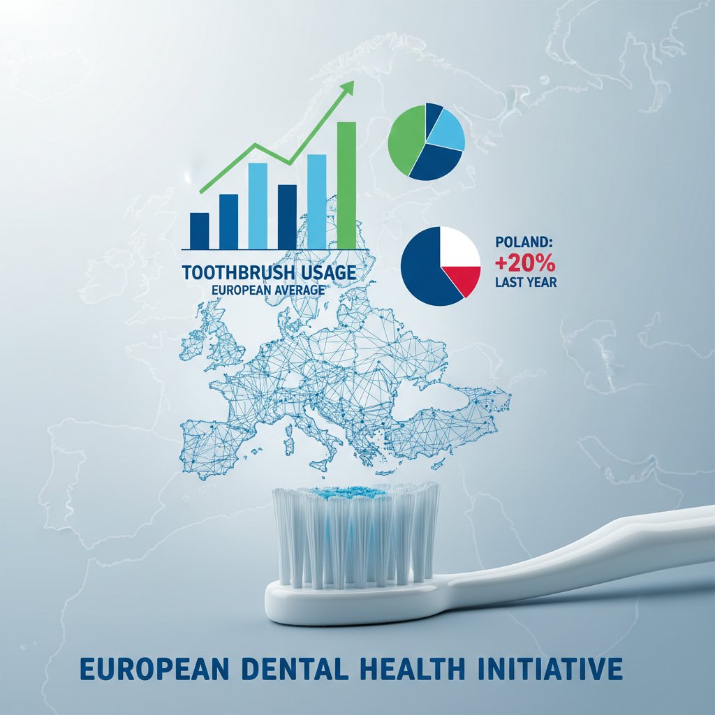 Zdjęcie szczoteczki do zębów na tle statystyk, symbolizujące porównanie Polski z Europą