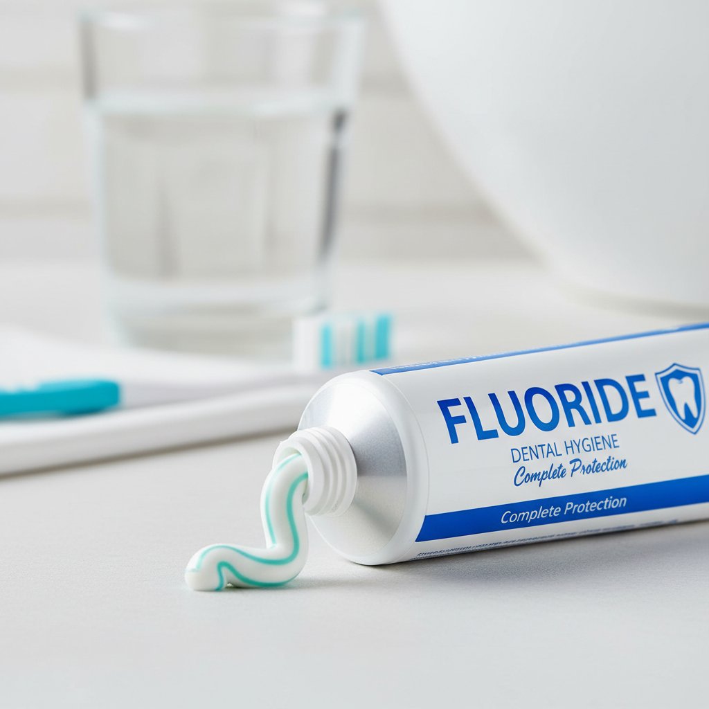 Zdjęcie tubki pasty do zębów z napisem „fluor”, kontrastowe kolory