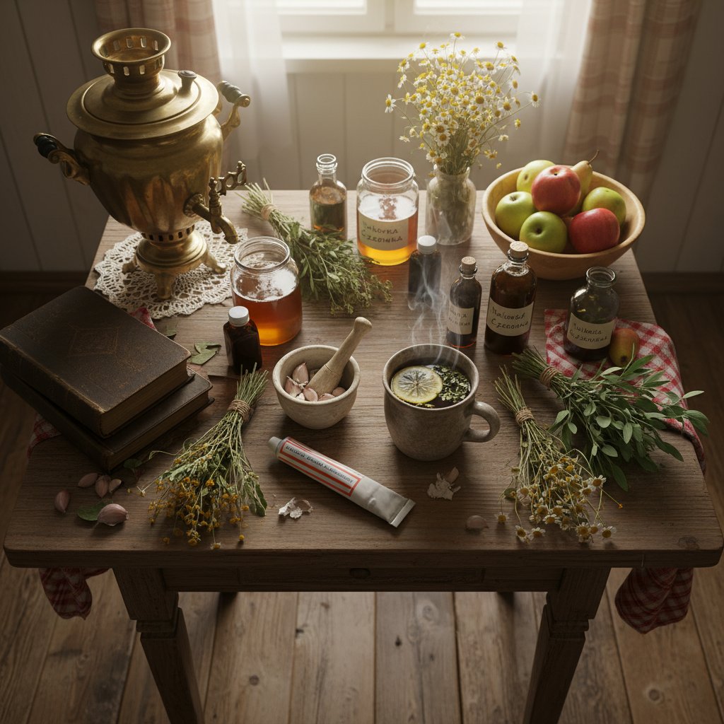 Domowe sposoby na opryszczkę – fakty i mity. Stół z produktami domowymi, ciepłe światło, kuchnia w stylu polskim