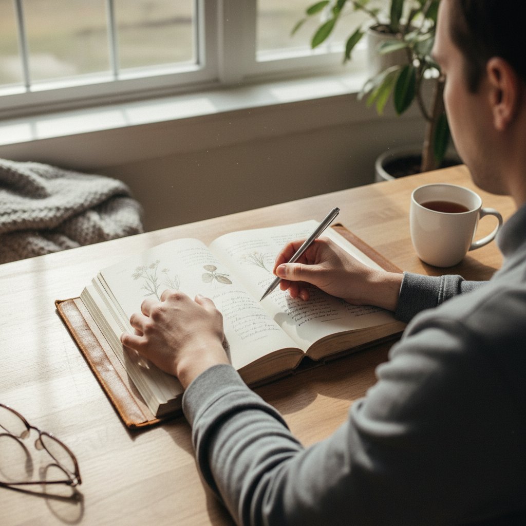 Osoba trzyma książkę na wyciągniętej ręce podczas domowego testu wzroku, naturalne światło