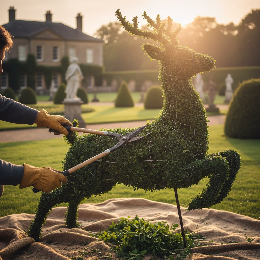 Formowanie żywopłotu w ogrodzie – dłonie nadające kształt krzewowi
