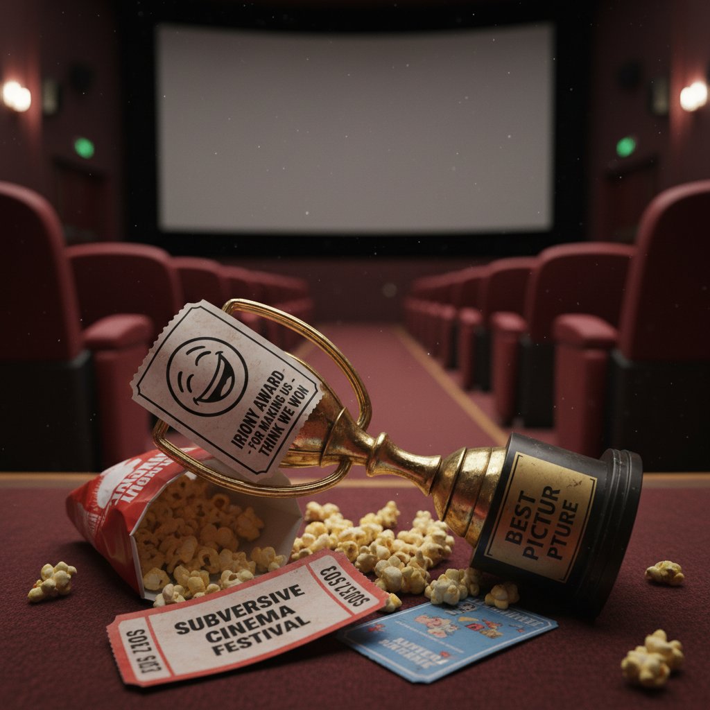 Trophy toppled with movie tickets scattered, subversive and ironic mood