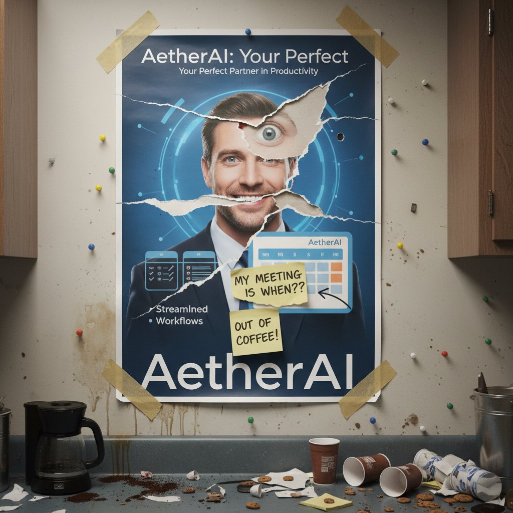 Torn glossy AI ad revealing a messy office beneath, highlighting the contrast between marketing and reality