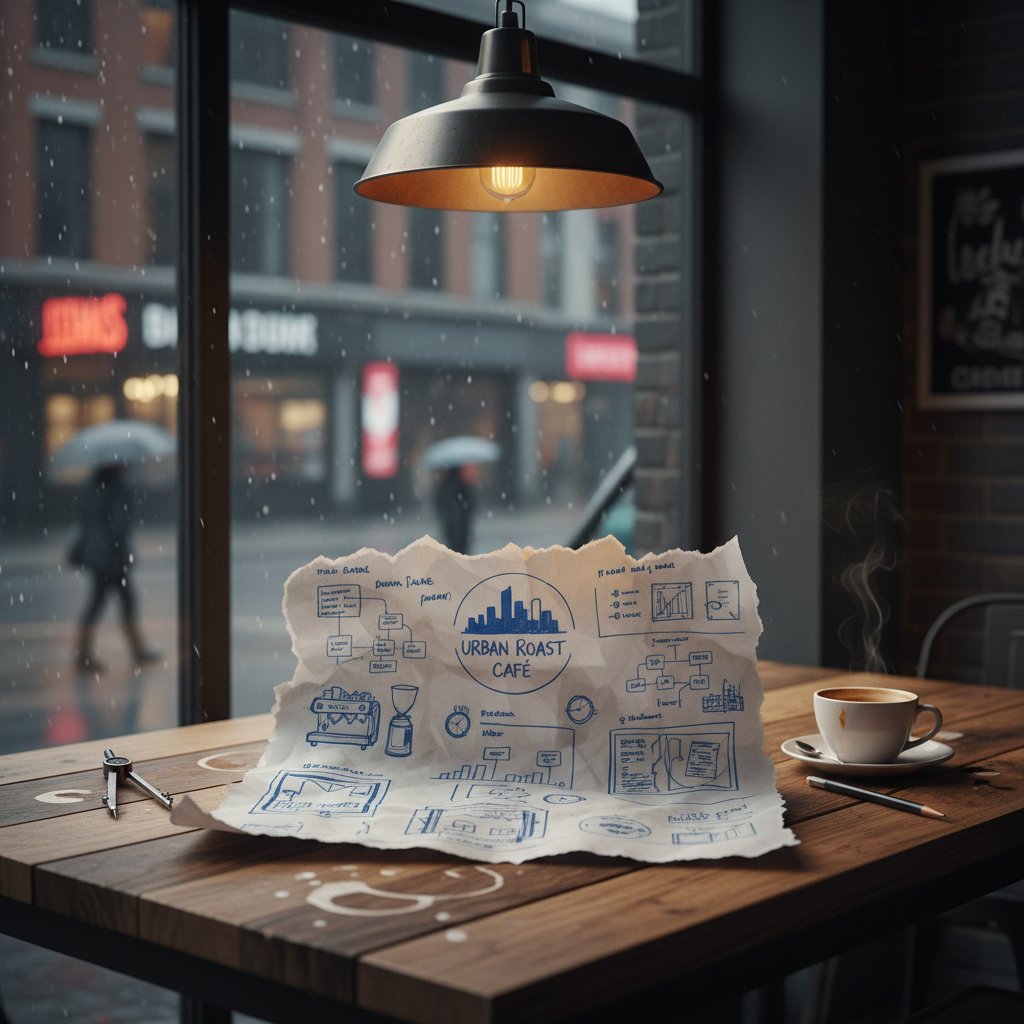 Planowanie biznesowe - rozrzucone plany i blueprint na stole w kawiarni