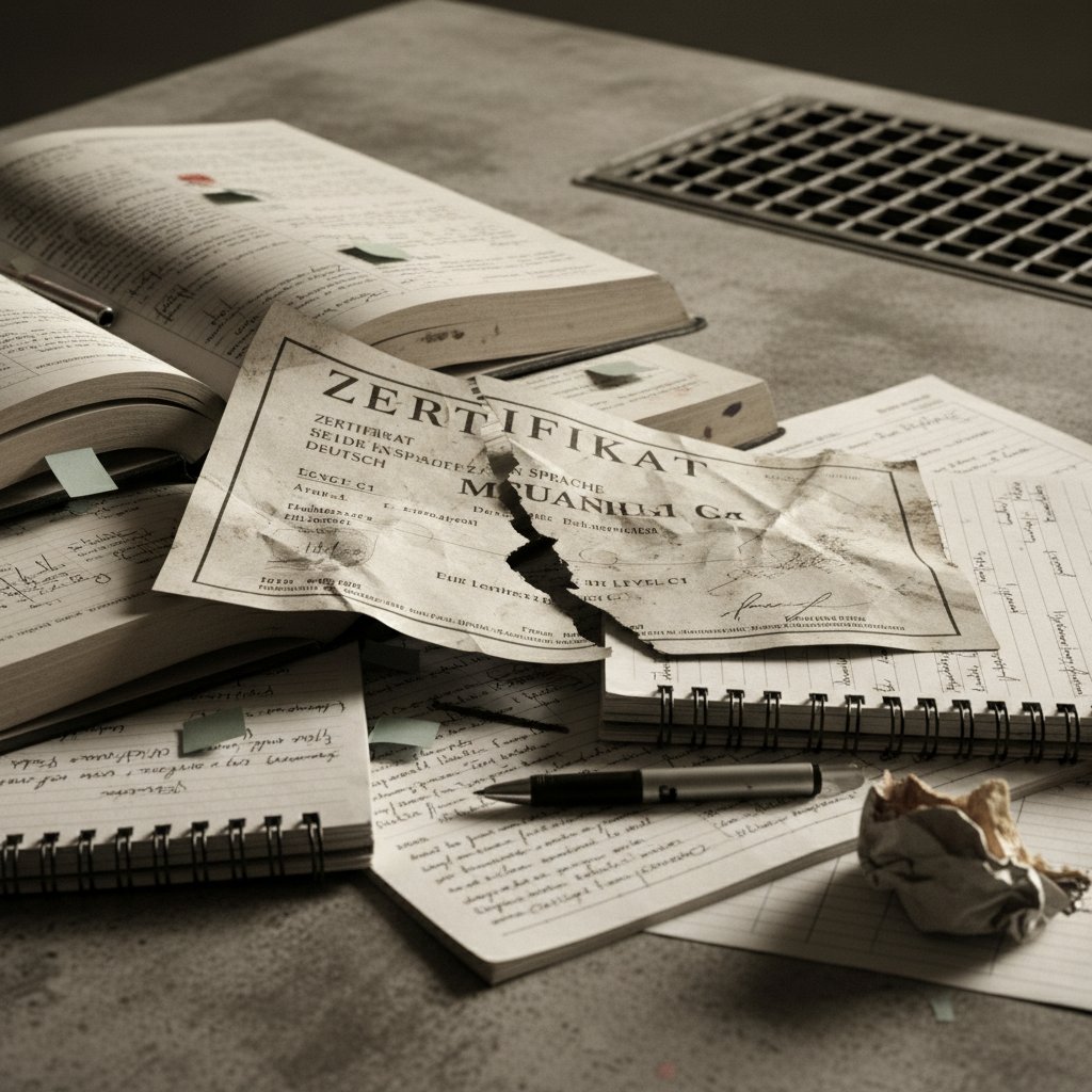 Zniszczony certyfikat językowy i materiały do nauki – symbol trudu i determinacji