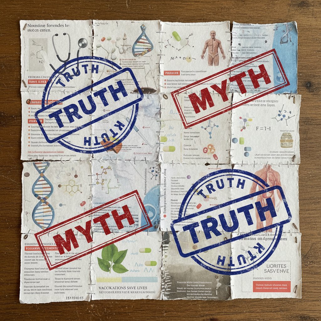 Mity i fakty o APS – kolaż podartych broszur medycznych, stemple „mit” i „prawda”.