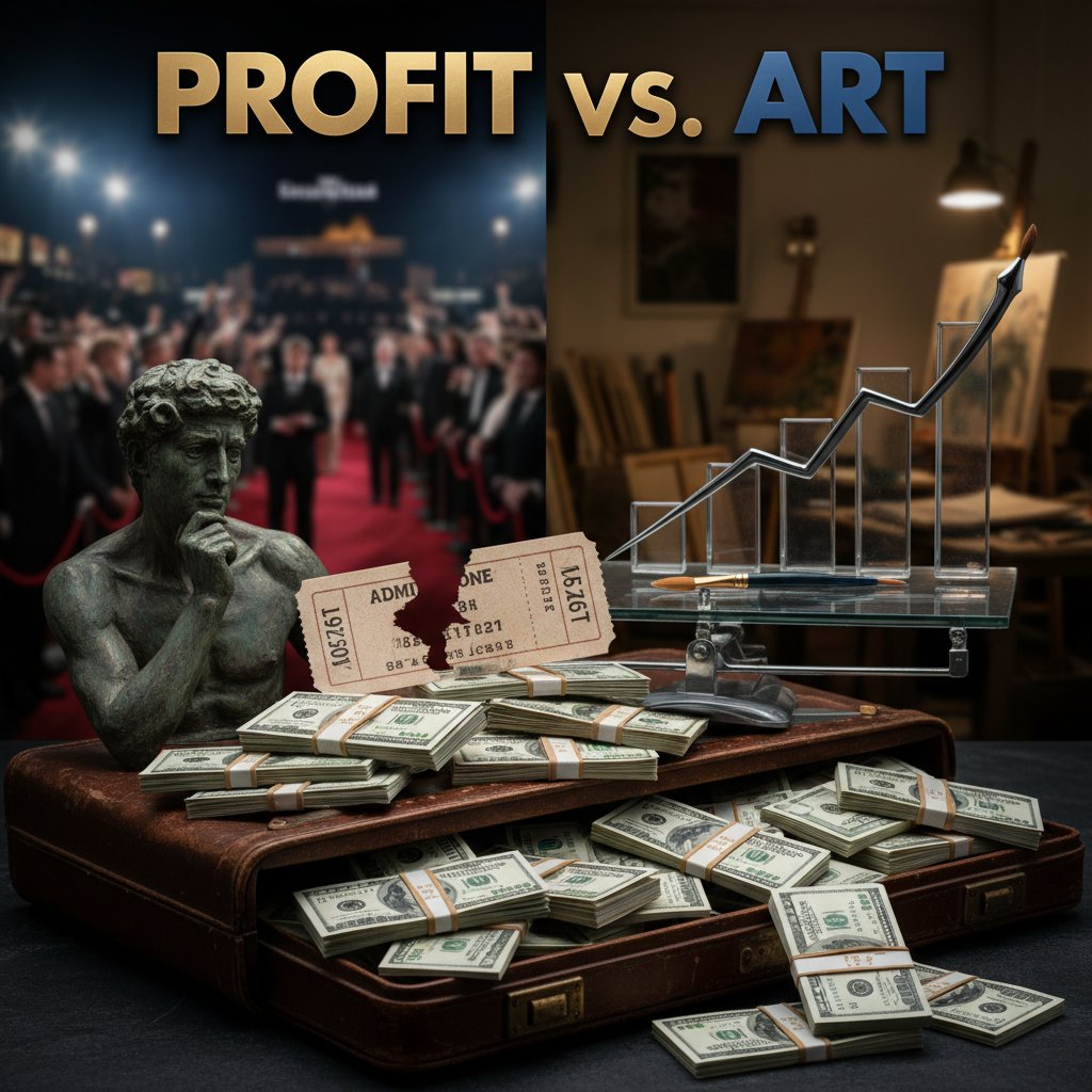 Torn ticket and cash symbolize profit versus art, movie ticket over stack of cash, artistic photo