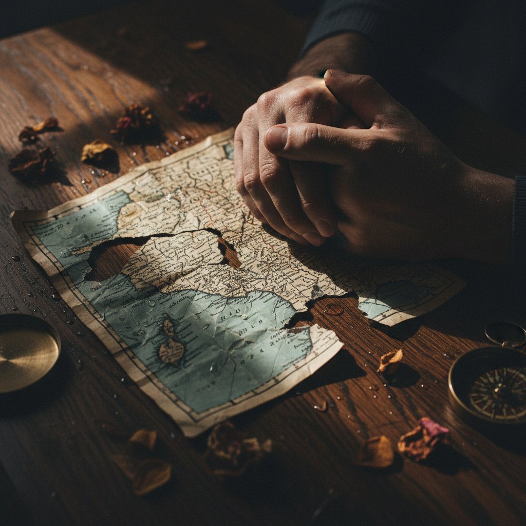 Stare zdjęcie stołu z papierową mapą i dłońmi dwóch osób – metafora mapy miłości