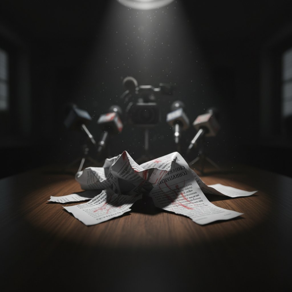 Zniszczony raport case study pod światłem – symbol afery