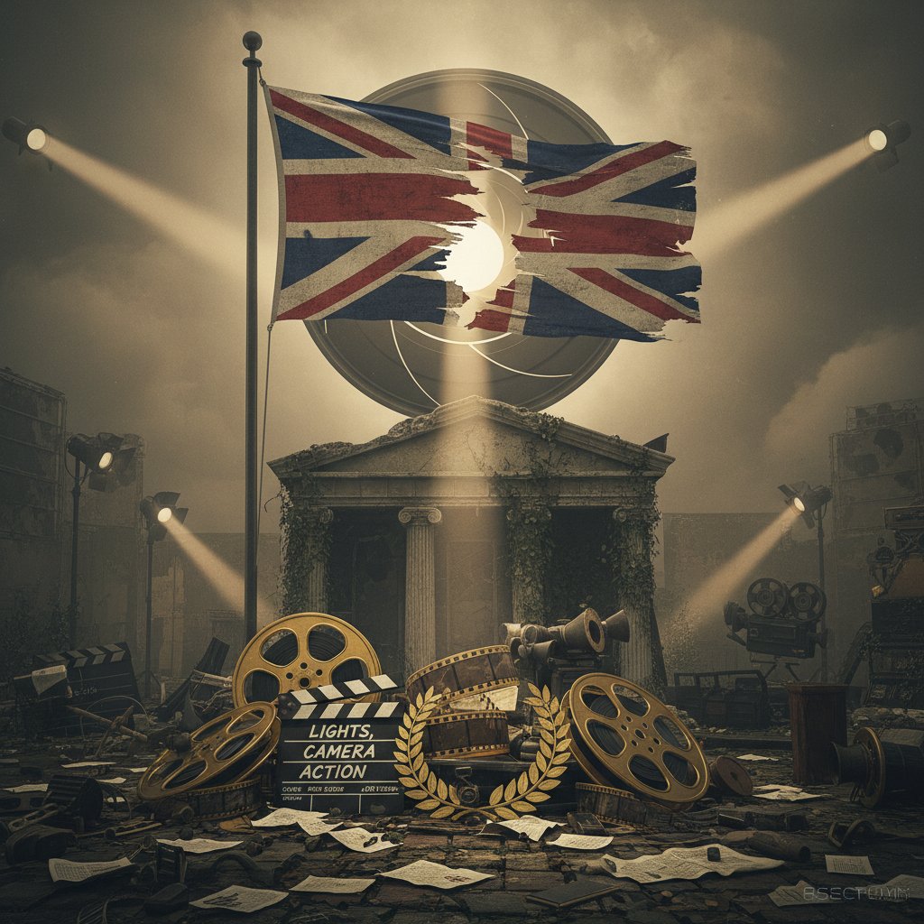 Debating British film identity—a torn Union Jack in a film studio, symbolic and provocative