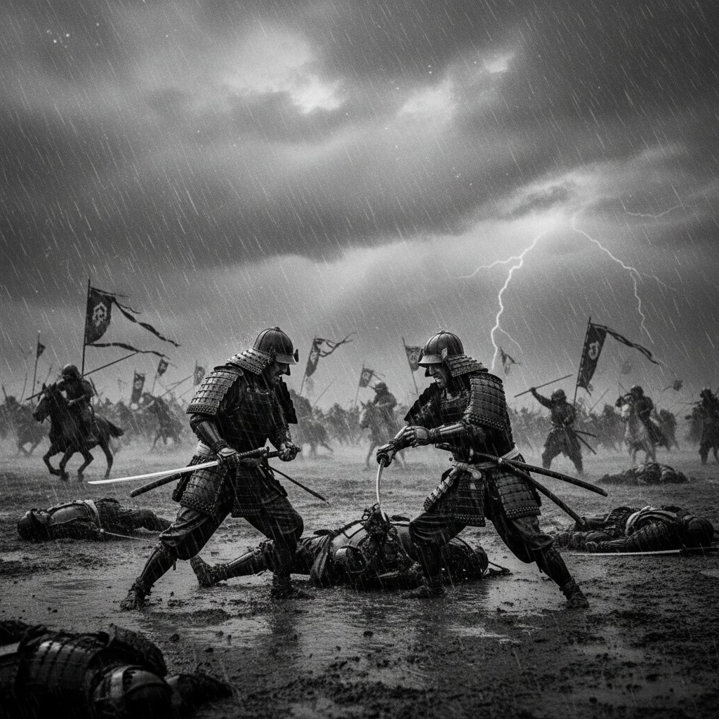 Torrential rain on a samurai battlefield set, intense sky, dramatic action, akira kurosawa movies