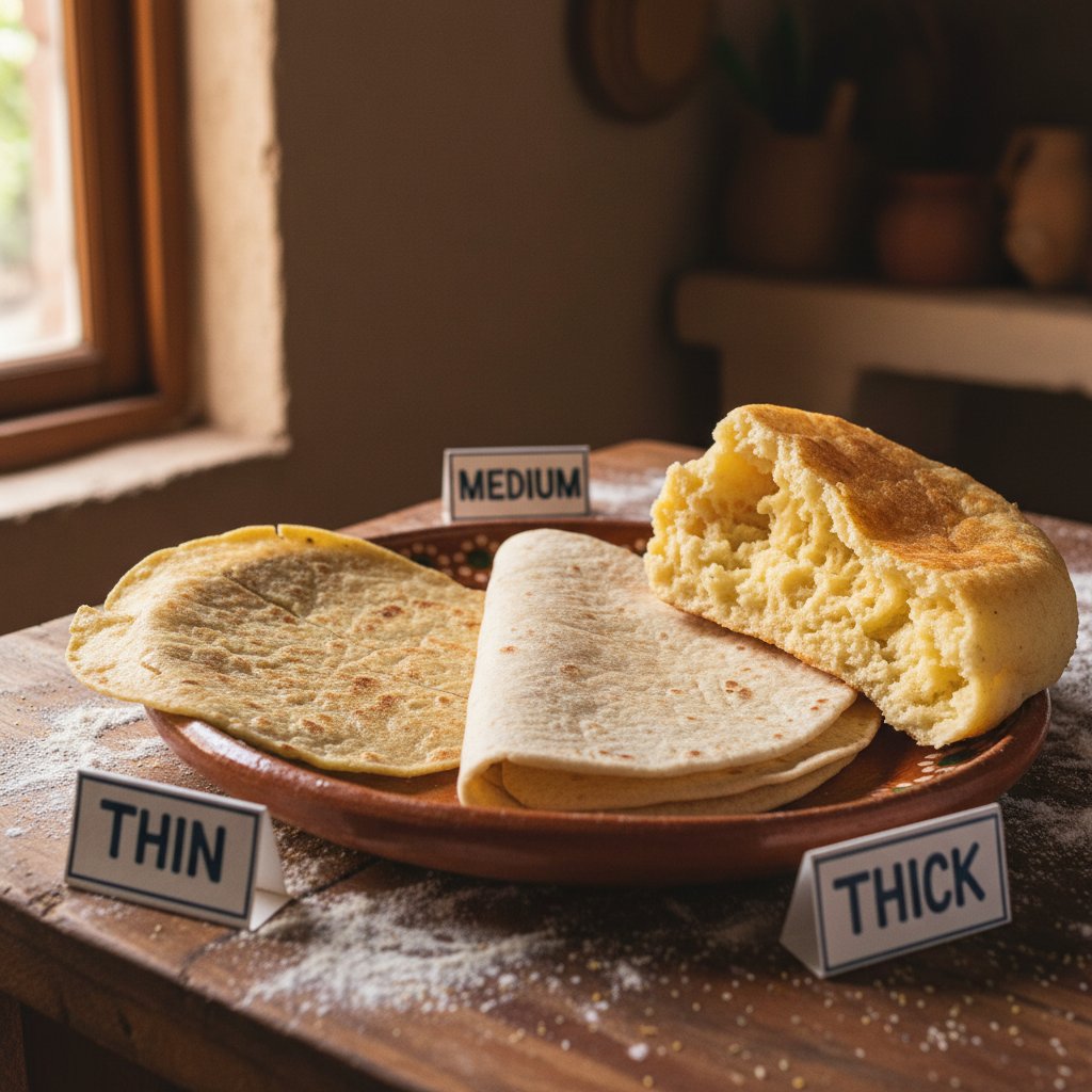Placki tortilli różnej grubości na talerzu, porównanie struktur