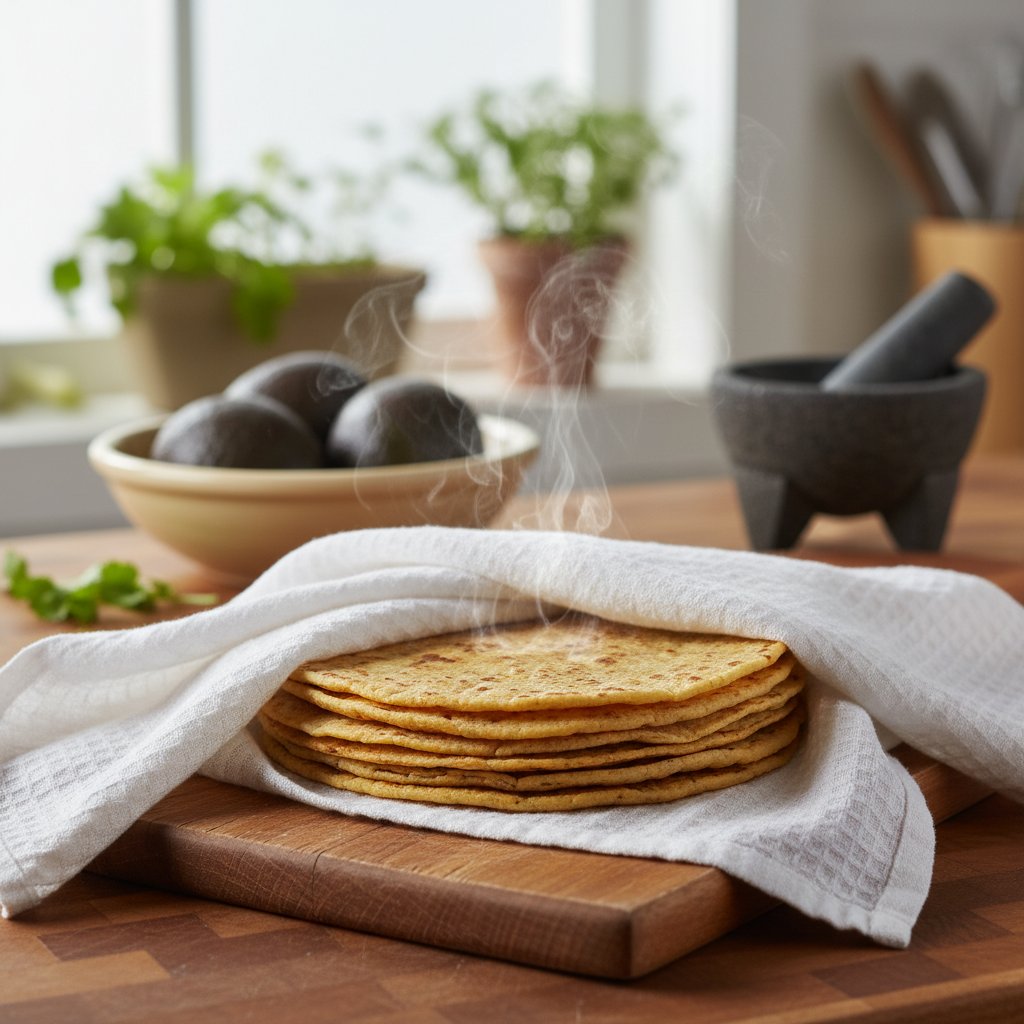 Domowe tortille owinięte w wilgotną ściereczkę, przechowywanie na kuchennym blacie