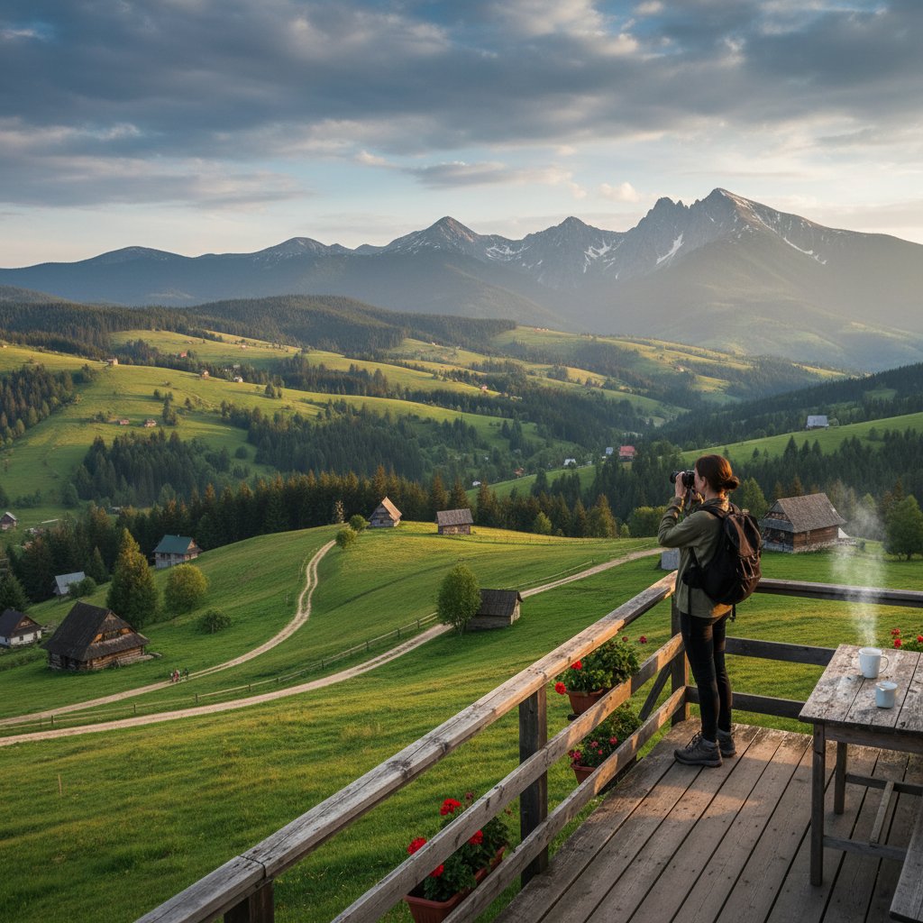 Turysta patrzący na panoramę Beskidów z tarasu domku