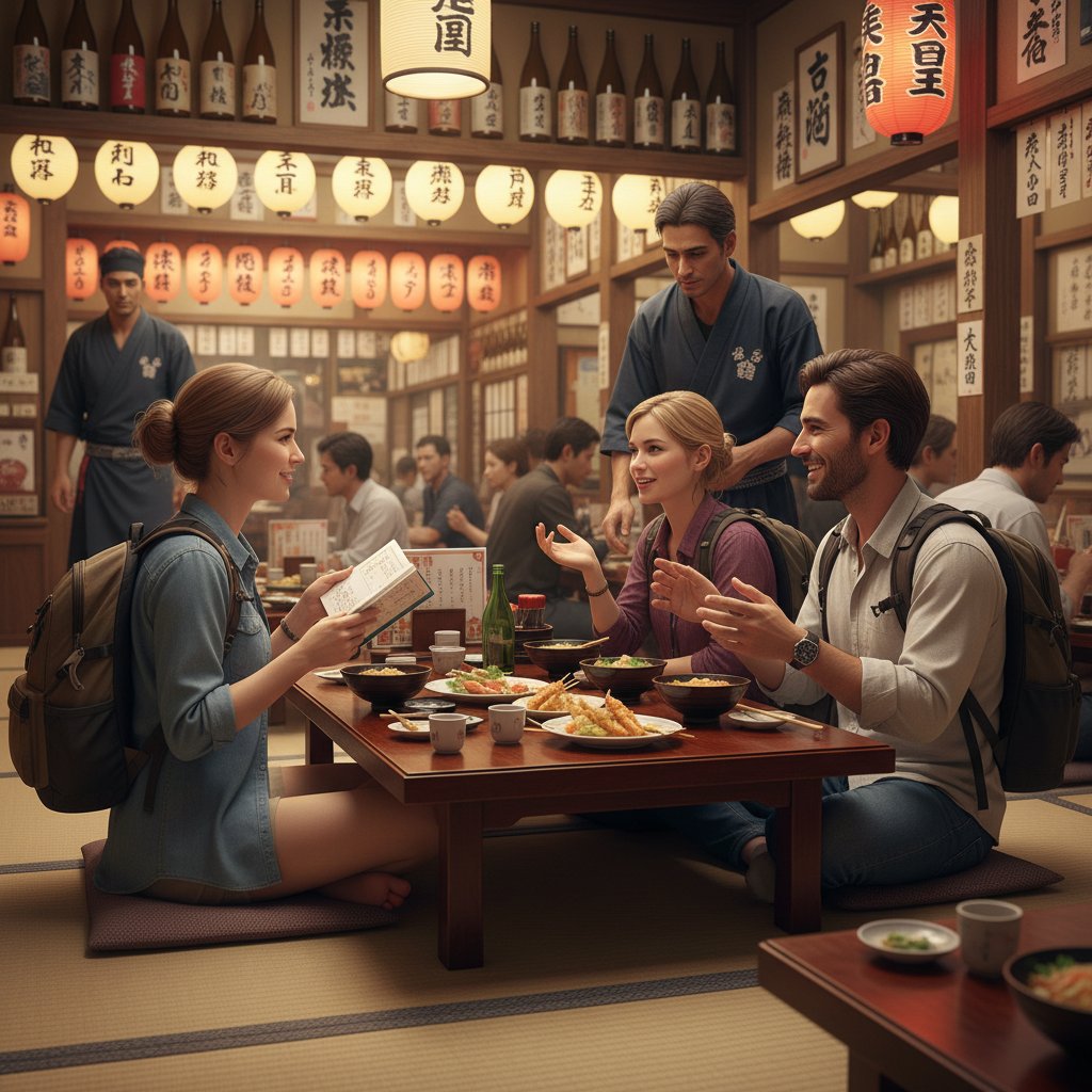 Turysta rozmawiający po japońsku w restauracji, kelner z uśmiechem