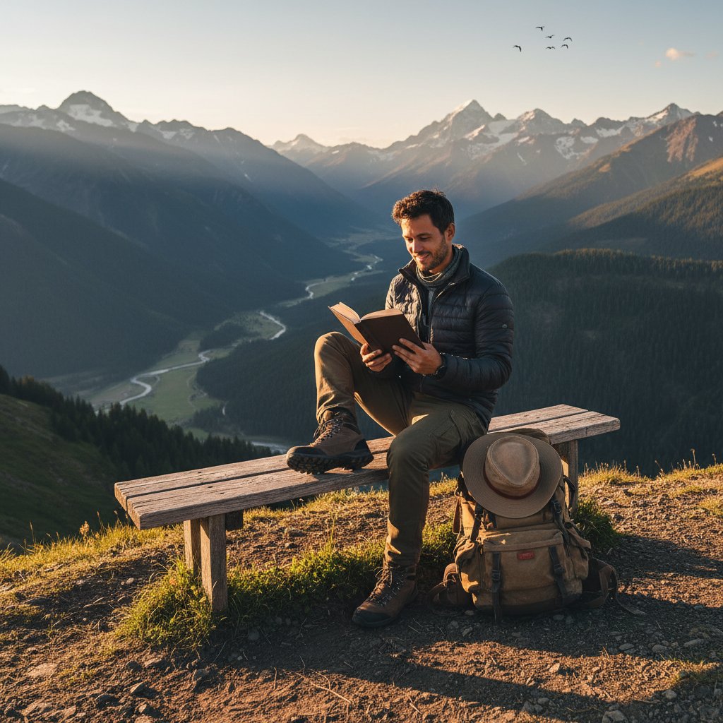 Turysta z plecakiem czyta książkę na tle górskiego krajobrazu