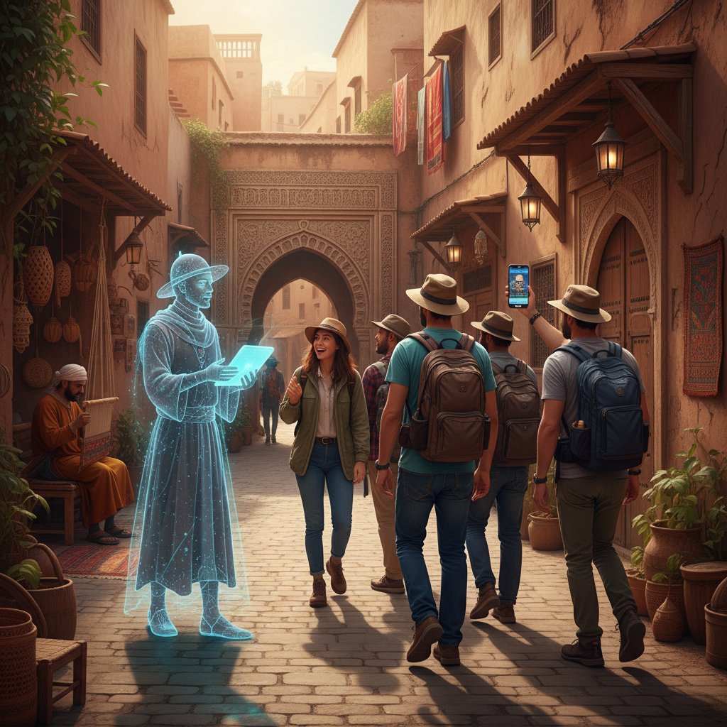 Turyści eksplorujący nieznane miejsca z przewodnikiem AI, autentyczność, technologia