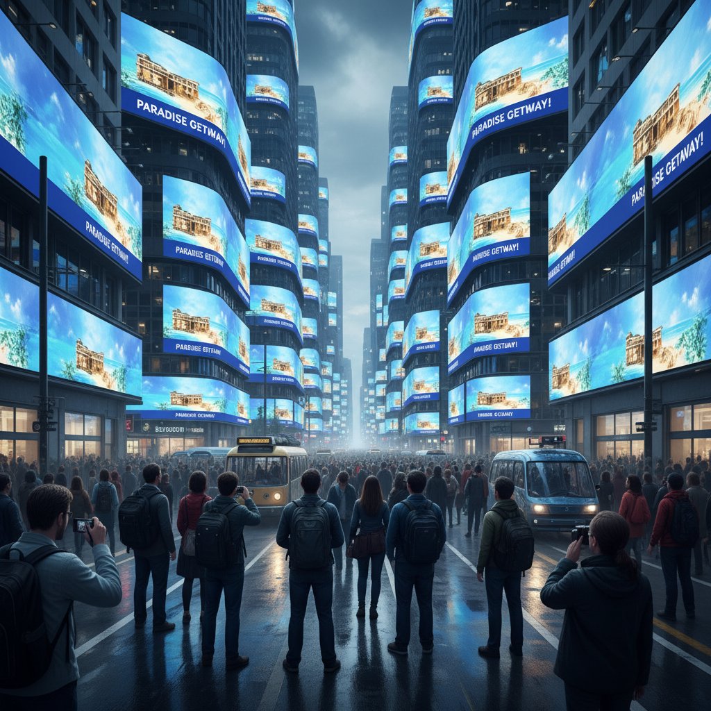 Turyści patrzący na identyczne reklamy na miejskiej ulicy, nudny krajobraz, powtarzalność