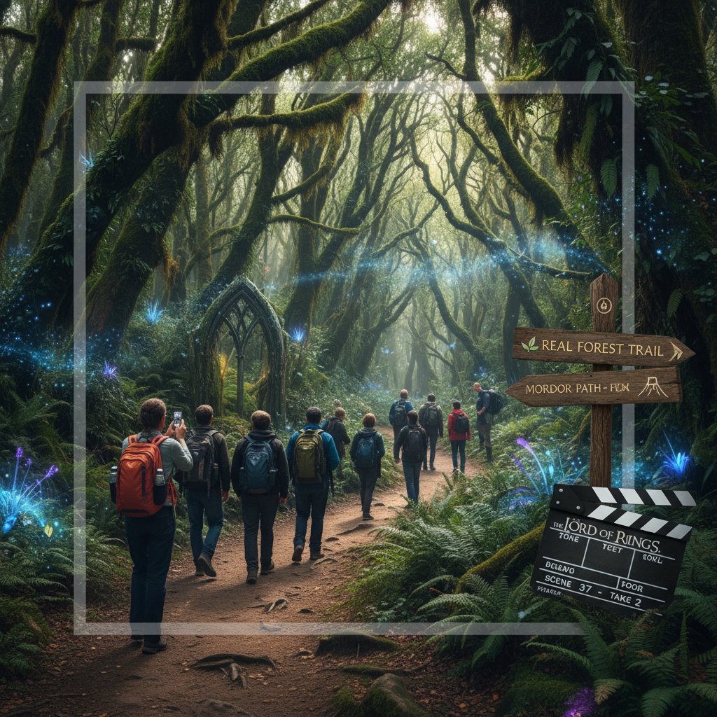 Tourists in a real forest made famous by a film, blending fiction and reality of forest movies