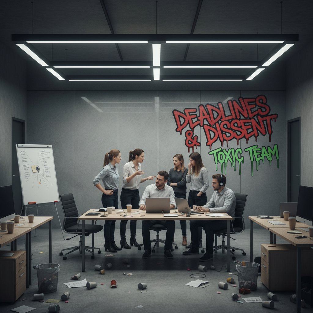 Grupa osób w biurze z napiętą atmosferą, konflikt, brak współpracy