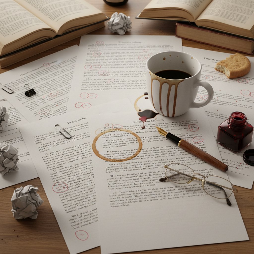 Traditional academic proofreading with marked papers and coffee stains, symbolizing manual editing's prestige