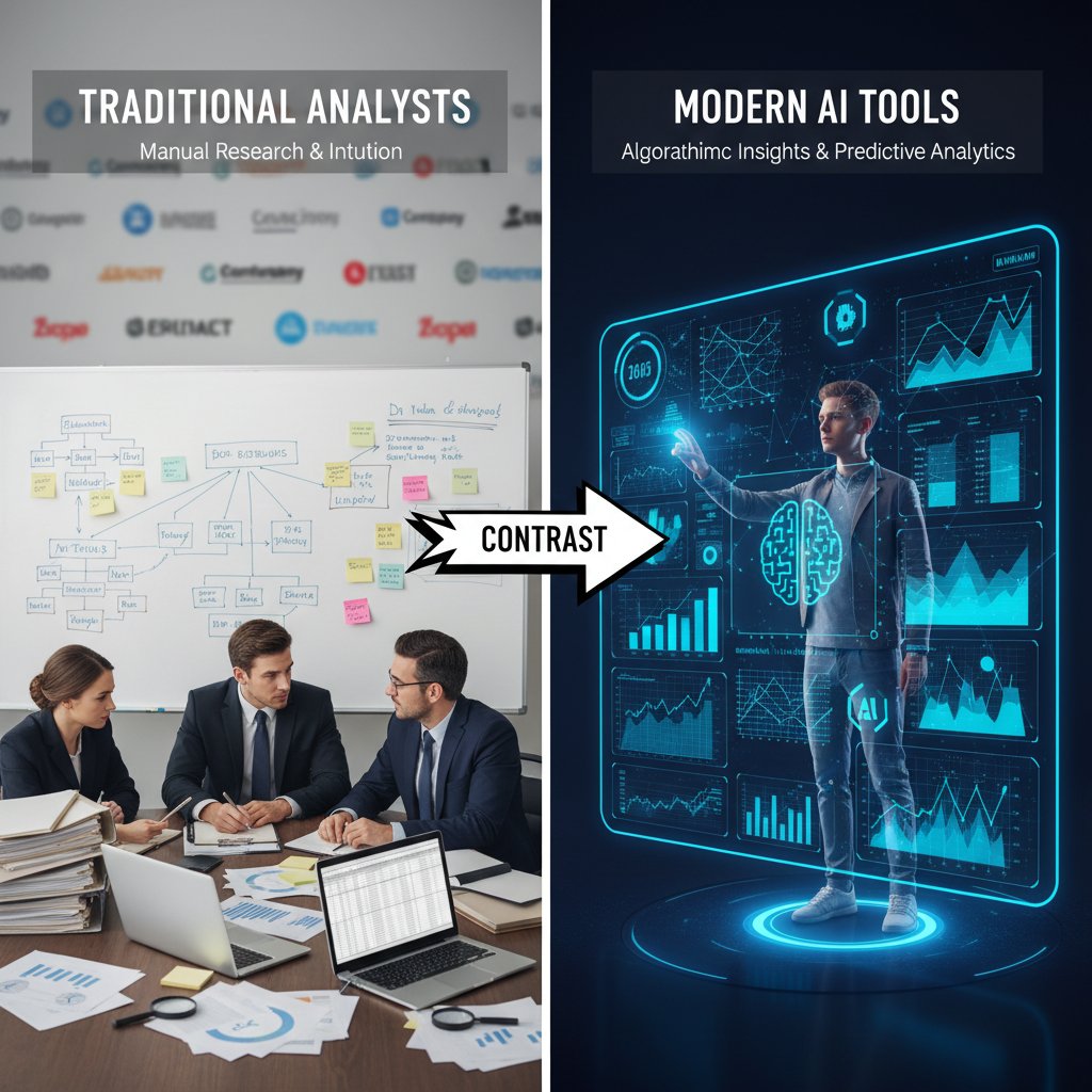 Tradycyjny zespół analityków pracujących nad raportem konkurencji, w kontraście do nowoczesnych narzędzi AI