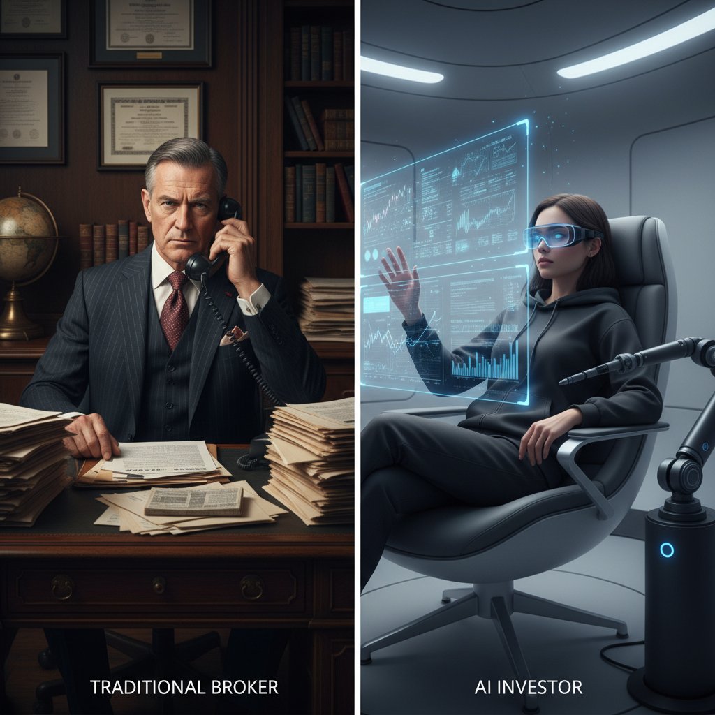 Dwie generacje inwestorów – tradycyjny makler i młody użytkownik aplikacji AI