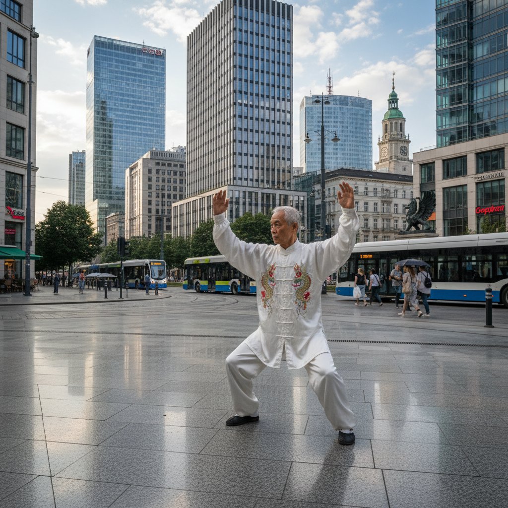 Mistrz tai chi prezentujący ruch w nowoczesnym centrum miasta w Polsce
