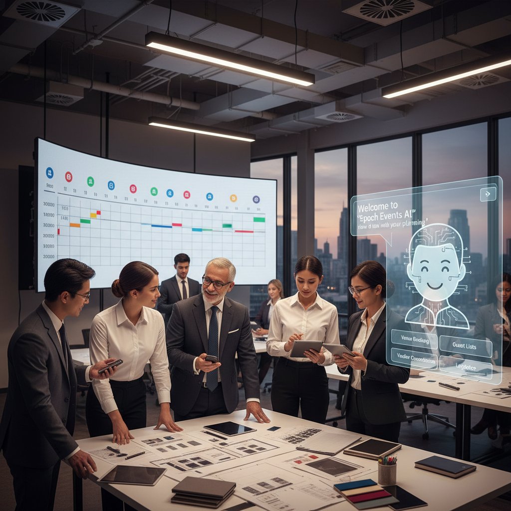 Juxtaposition photo: traditional event team working alongside a modern AI chatbot interface on a large screen