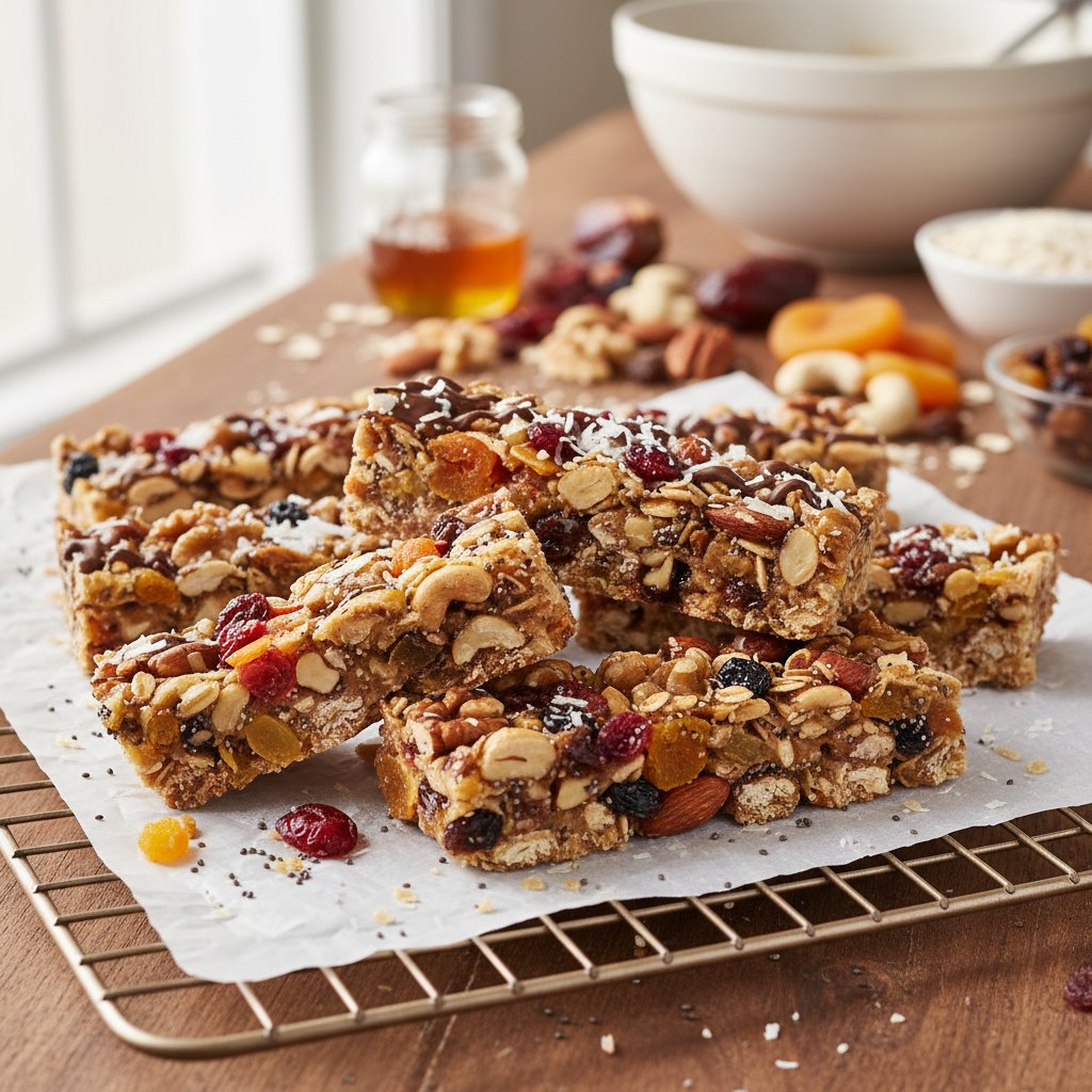 Domowe batoniki energetyczne inspirowane tradycyjnymi przepisami, na kuchennym stole z bakaliami