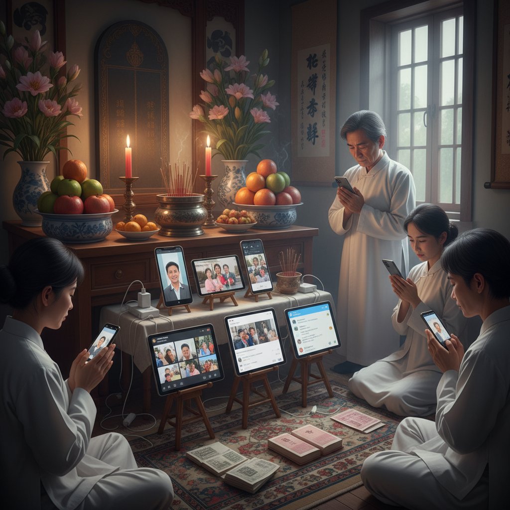 A traditional memorial altar with candles and offerings is juxtaposed against a smartphone displaying a digital tribute page—symbolizing the fusion and tension between old and new mourning traditions