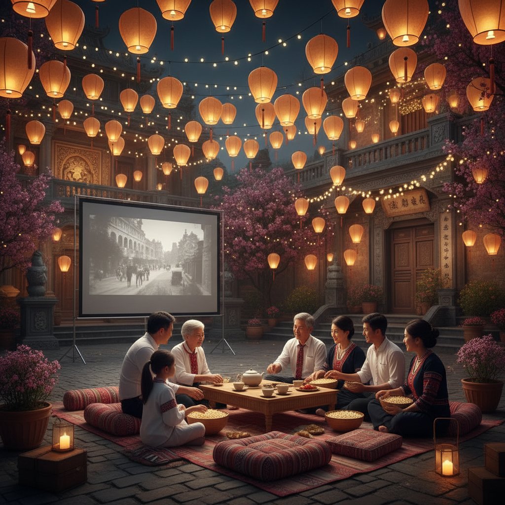 Traditional outdoor movie night with family, cultural setting