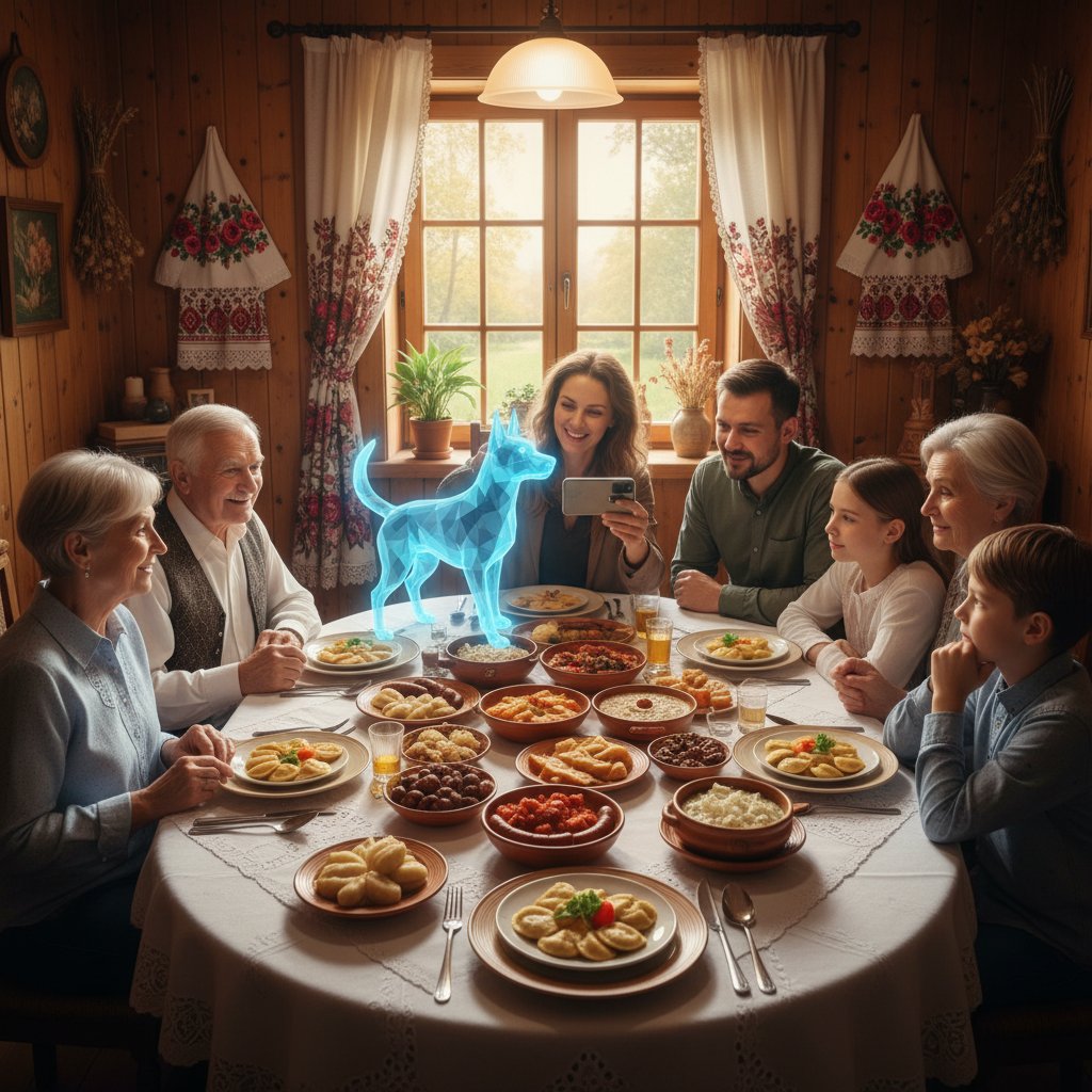 Rodzina przy stole i piesek online