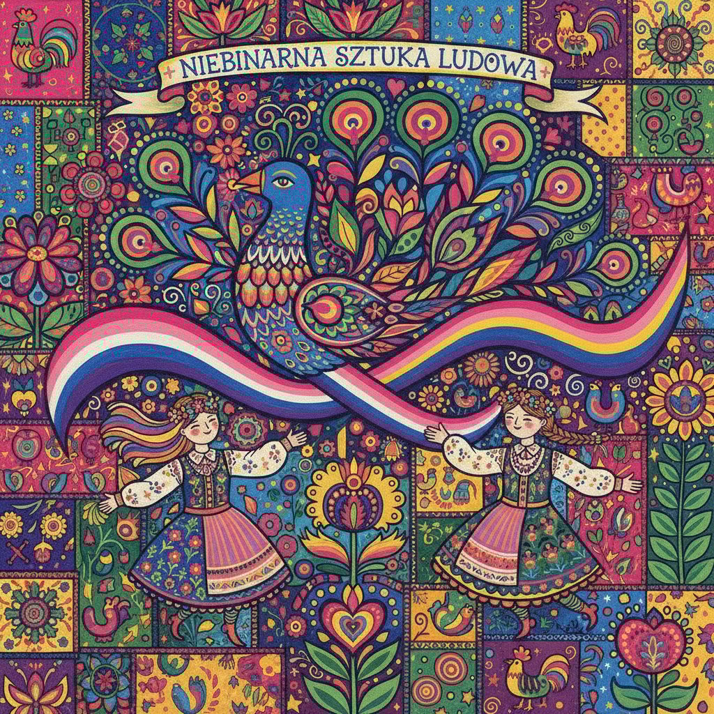 Tradycyjna polska sztuka ludowa ze współczesnym symbolem niebinarności, żywe kolory, bajkowy klimat
