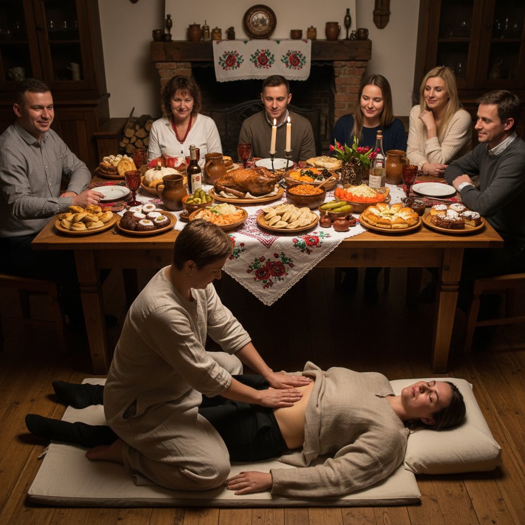 Tradycyjny polski obiad na stole i osoba masująca brzuch