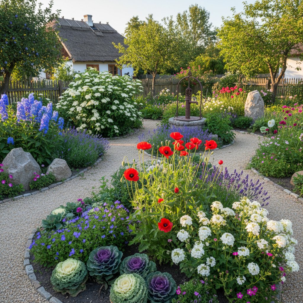 Tradycyjny ogród wiejski z makiem polnym i czarnym bzem na wapiennej glebie
